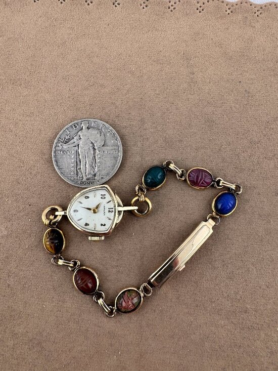Vintage 1950s Hamilton Watch 10K GF with Carved Gem Scarabs Triangular Dial main image 6